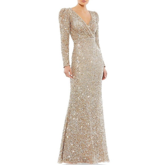 NWT Mac Duggal Gold Puff Shoulder Sequined Surplice Gown Shimmering Gold Size 8 - Picture 1 of 14